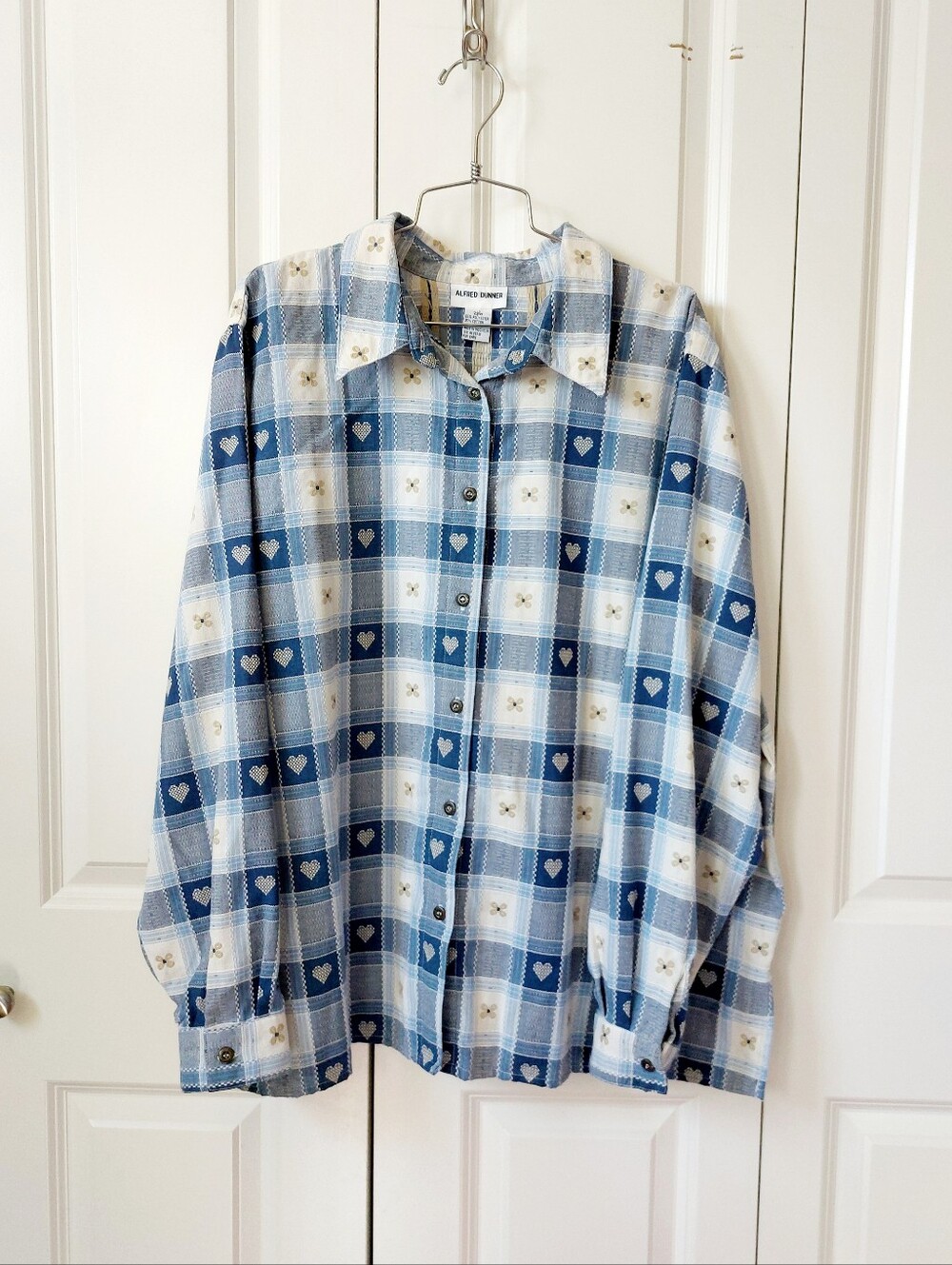 Blue Gingham & Hearts Cottagecore Blouse 22W Dunner Farmhouse Granny Teacher Rom